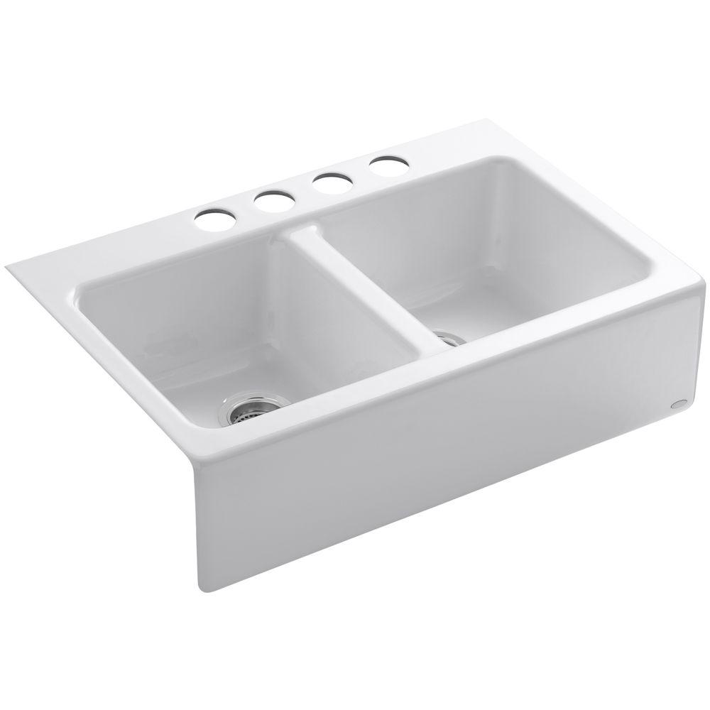 Kohler Hawthorne Undermount Farmhouse Apron Front Cast Iron 33 In 4 Hole Double Bowl Kitchen Sink In White