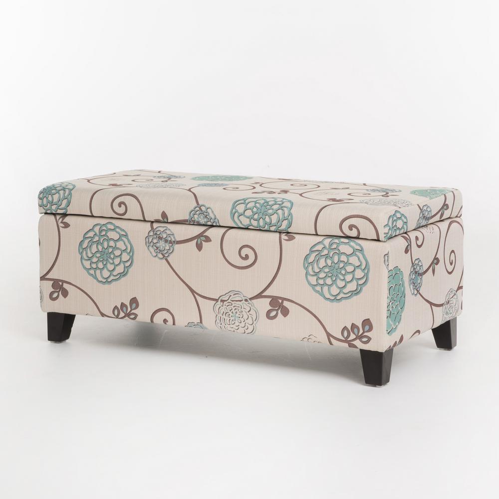 Ramona White And Blue Fl Fabric Storage Ottoman