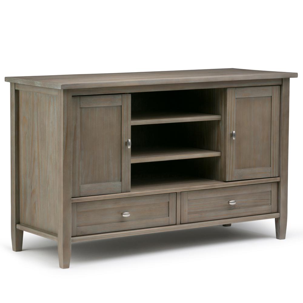Simpli Home Warm Shaker Solid Wood 47 In Wide Rustic Tv Media Stand Wide Rustic Tv Media Stand In Distressed Grey For Tvs Upto 50