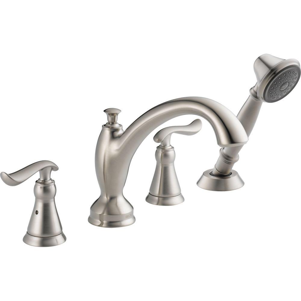 Delta Linden 2 Handle Deck Mount Roman Tub Faucet With Hand Shower