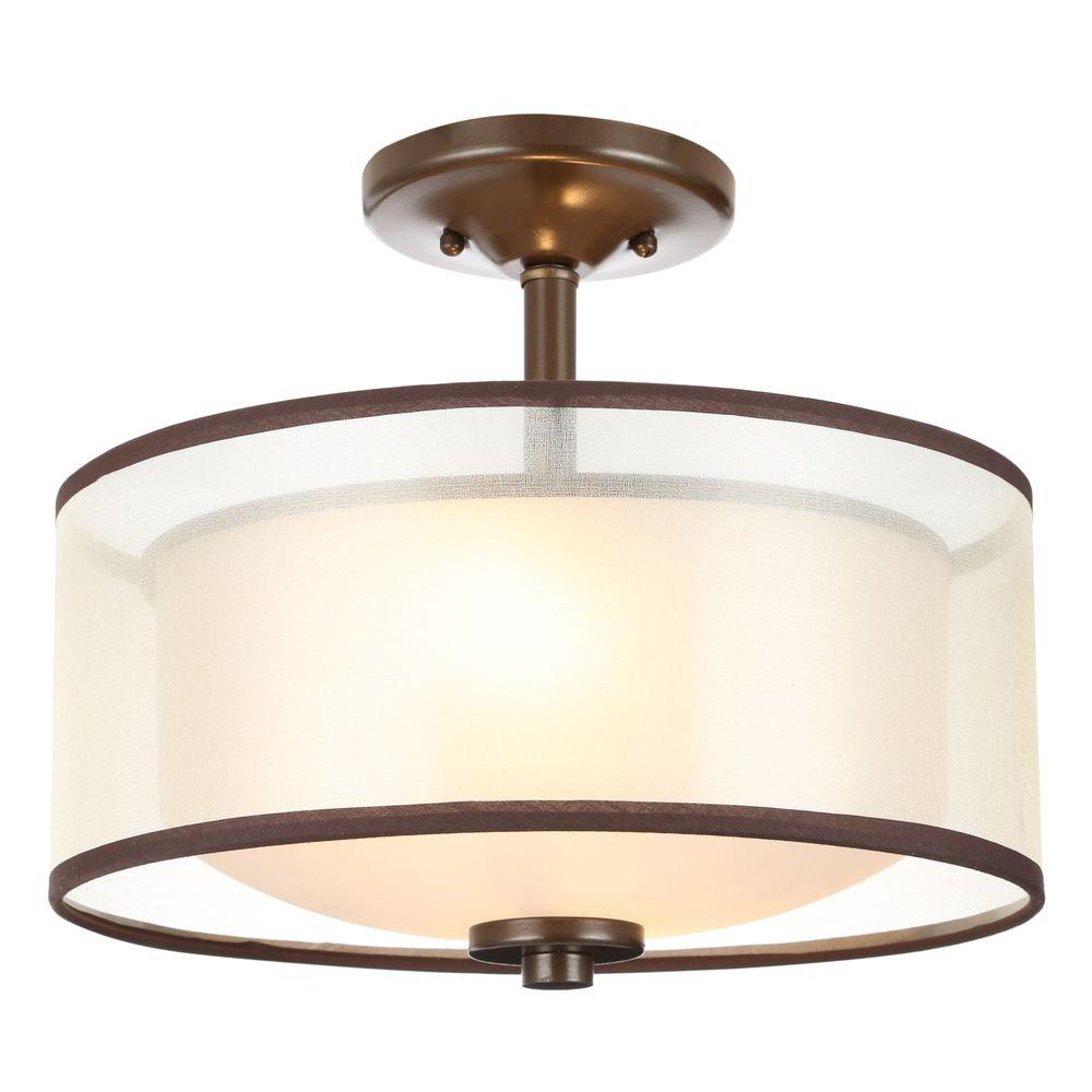 Hampton Bay 2-Light Bronze Semi-Flush Mount Light with Organza Shade ...