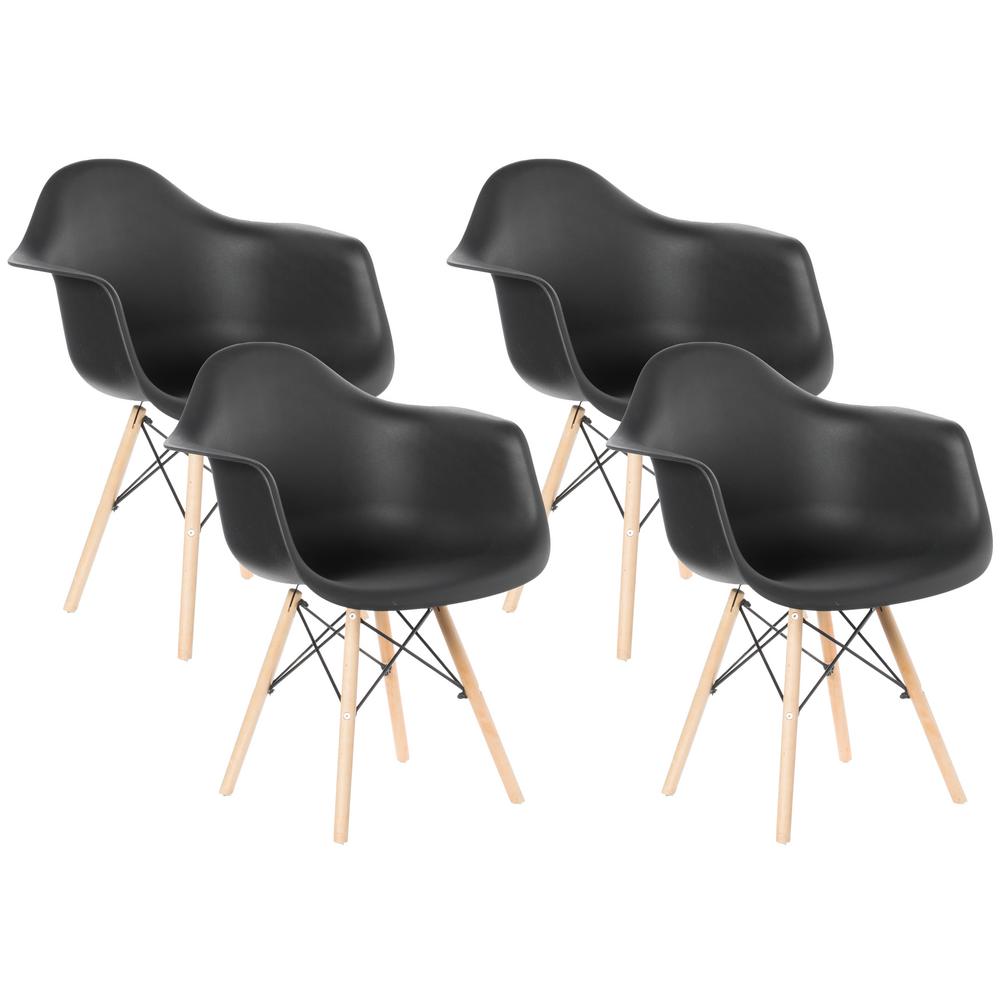Bold Tones Mid Century Modern Black Style Plastic Daw Shell Dining Arm Chair With Wooden Dowel Eiffel Legs Set Of 4 Qi003748 Bk 4 The Home Depot
