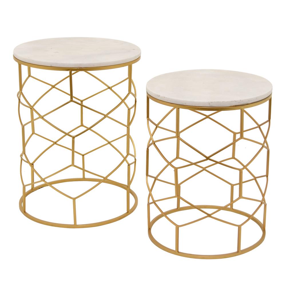 Three Hands 21 5 In Gold Metal And Marble Top Table Set Of 2 Gold Metal And Marble Top Table Set Of 2
