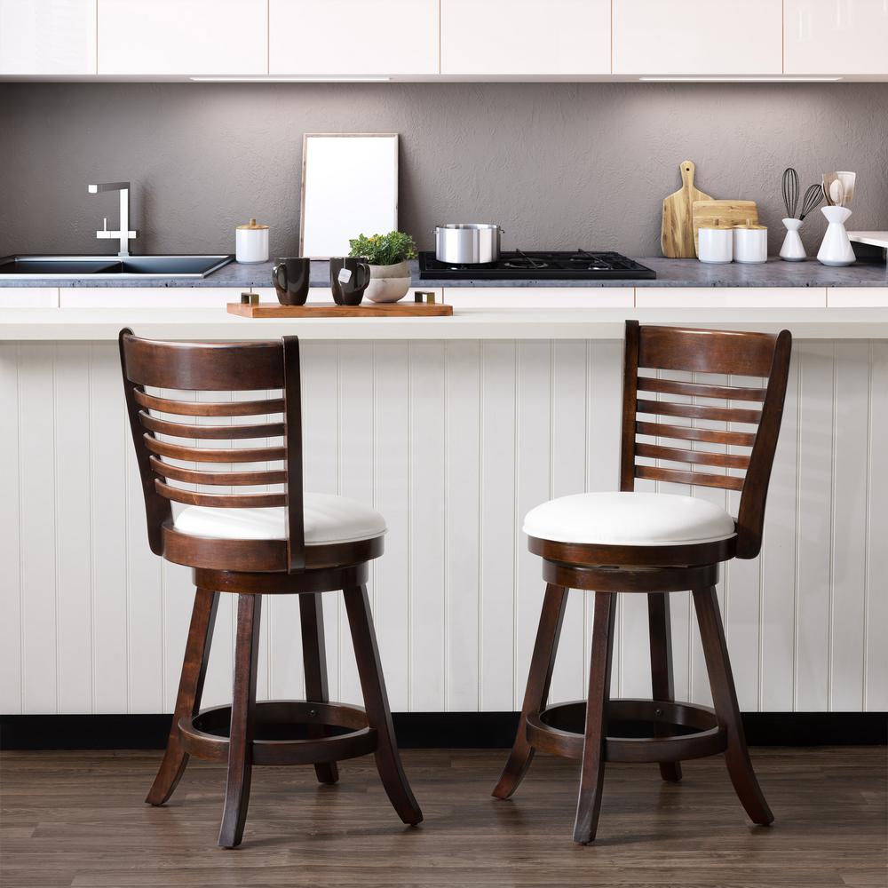 Corliving Woodgrove 25 In Counter Height Wood Swivel Barstools With Counter Height Wood Swivel Barstools With White Leatherette Seat And 6 Slat Backrest Set Of 2 Dwg 914 B The Home Depot