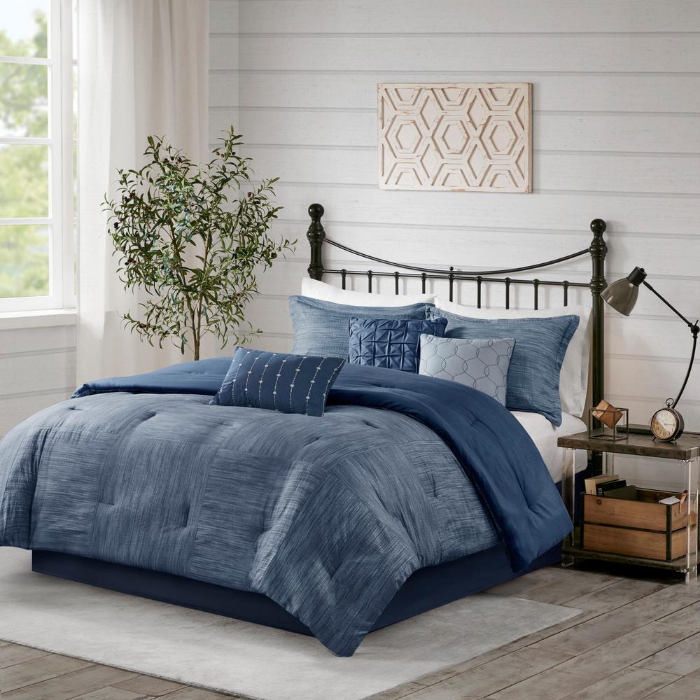 Madison Park Clayton 7 Piece Navy Cal King Printed Seersucker Comforter Set Mp10 7131 The Home Depot