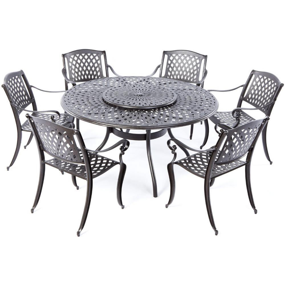 Alfresco 7 Piece Westbury Black Cast Aluminum Outdoor Dining Set With 59 In Table Lazy Susan And 6 Stackable Arm Chairs 56 3007 The Home Depot - 7 Piece Cast Aluminum Patio Furniture Alfresco 7 Piece Westbury Black Cast Aluminum Outdoor Dining Set With 59 In Table Lazy Susan And 6 Stackable Arm Chairs 56 3007 The Home Depot - 7 Piece Cast Aluminum Patio Furniture