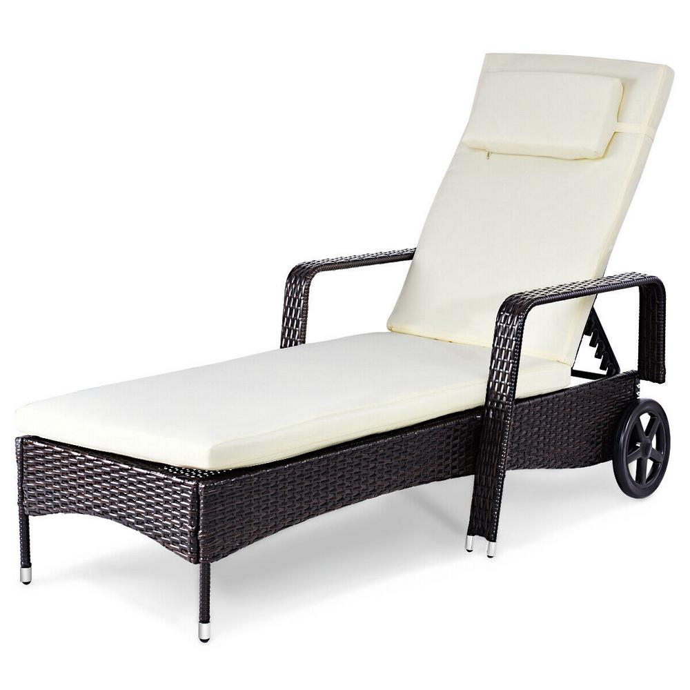 Costway Patio Rattan Wicker Outdoor Lounge Chair with White Cushions