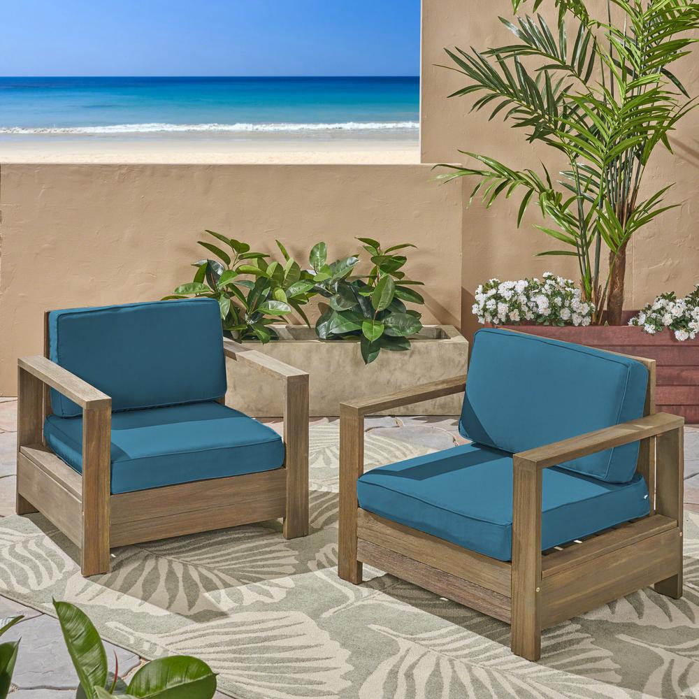 Noble House Devon Brushed Grey Wood Outdoor Lounge Chairs With Dark Teal Cushions 2 Pack 54113 The Home Depot
