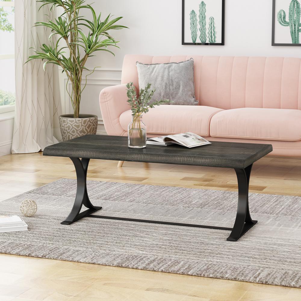 Noble House Alotian Industrial Modern Rectangular Black Sonoma Oak Faux Wood Coffee Table With Matte Black Trestle Base 54184 The Home Depot