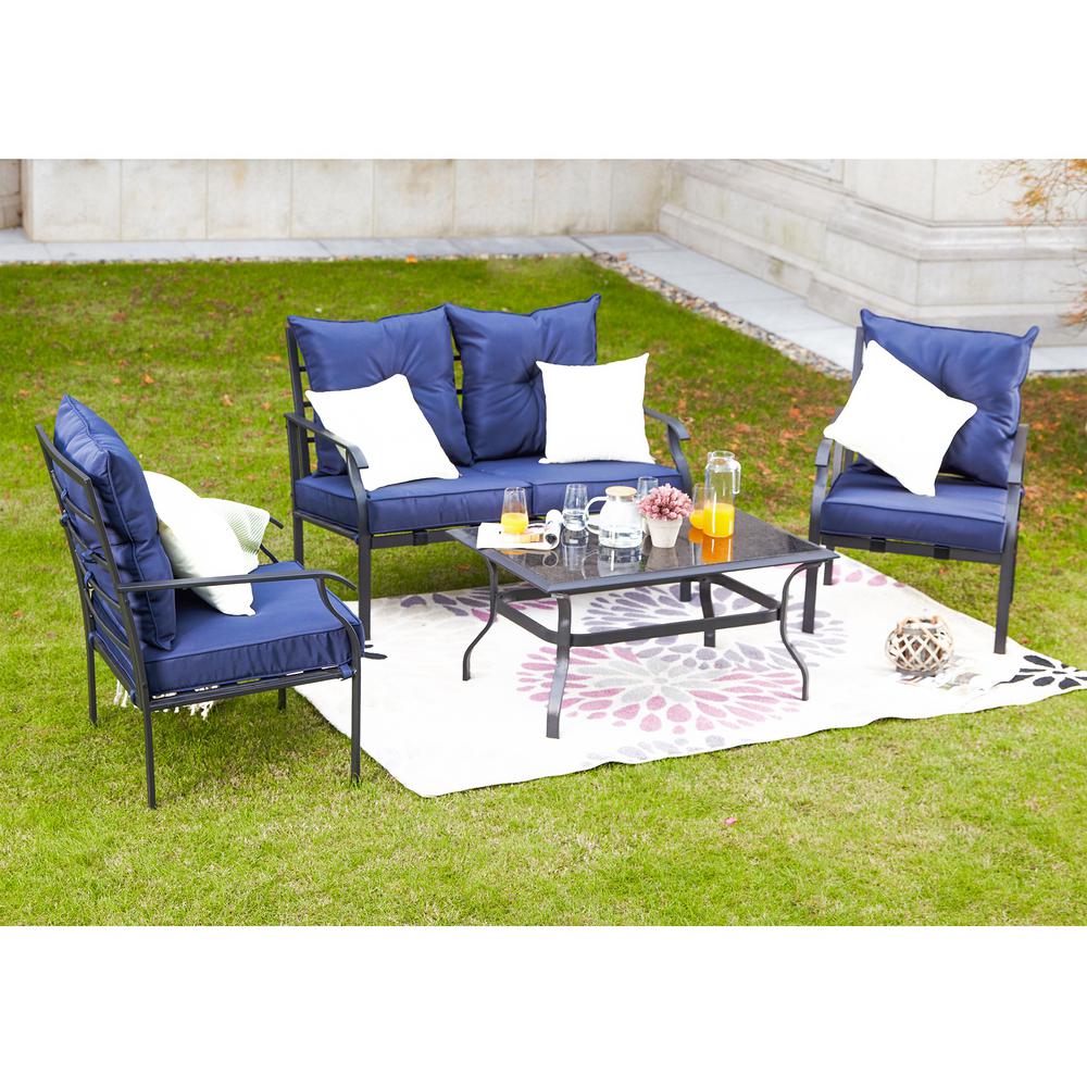 Patio Festival 4 Piece Metal Patio Conversation Set With Blue Cushions Pf18209 B The Home Depot