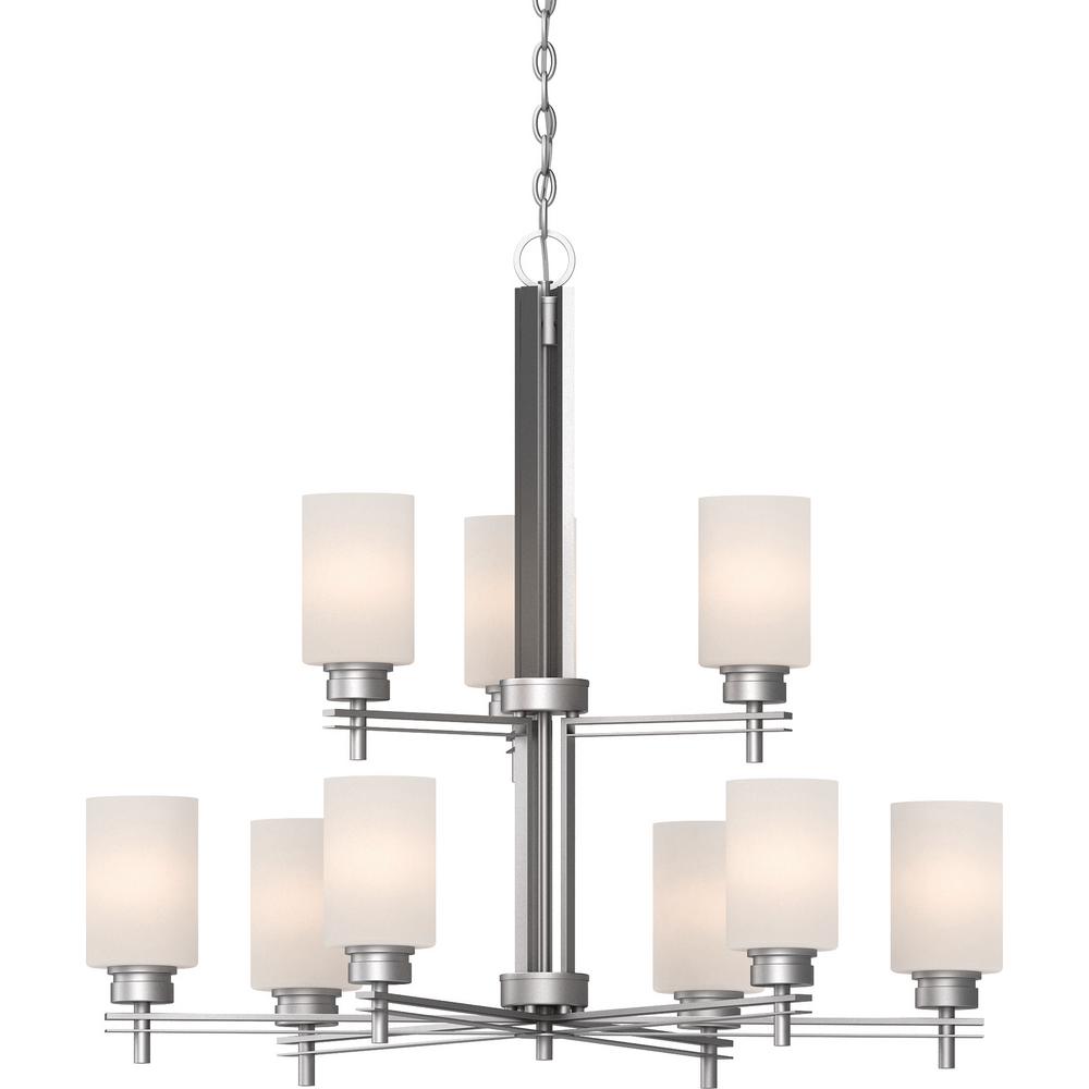 Volume Lighting Carena 9 Light Indoor Nickel Hanging Chandelier With Etched White Cased Glass Cylinder Shades