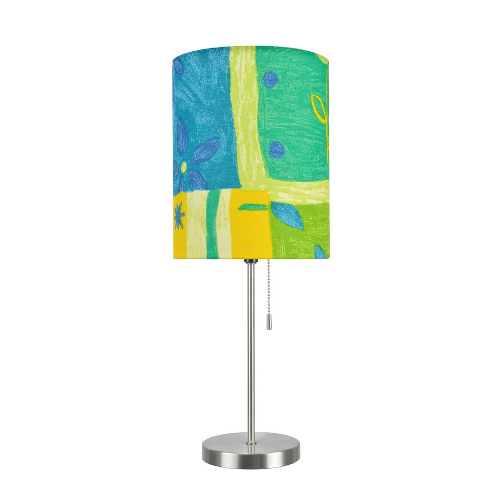 Aspen Creative Corporation 19 1 2 In Satin Nickel Candlestick Table Lamp With Hardback Drum Shade Blue Yellow Green Print