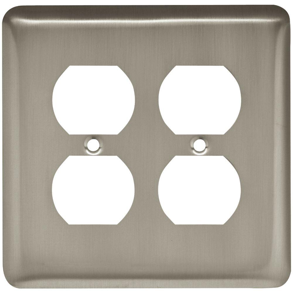 Liberty Stamped Round Decorative Double Duplex Outlet Cover, Satin