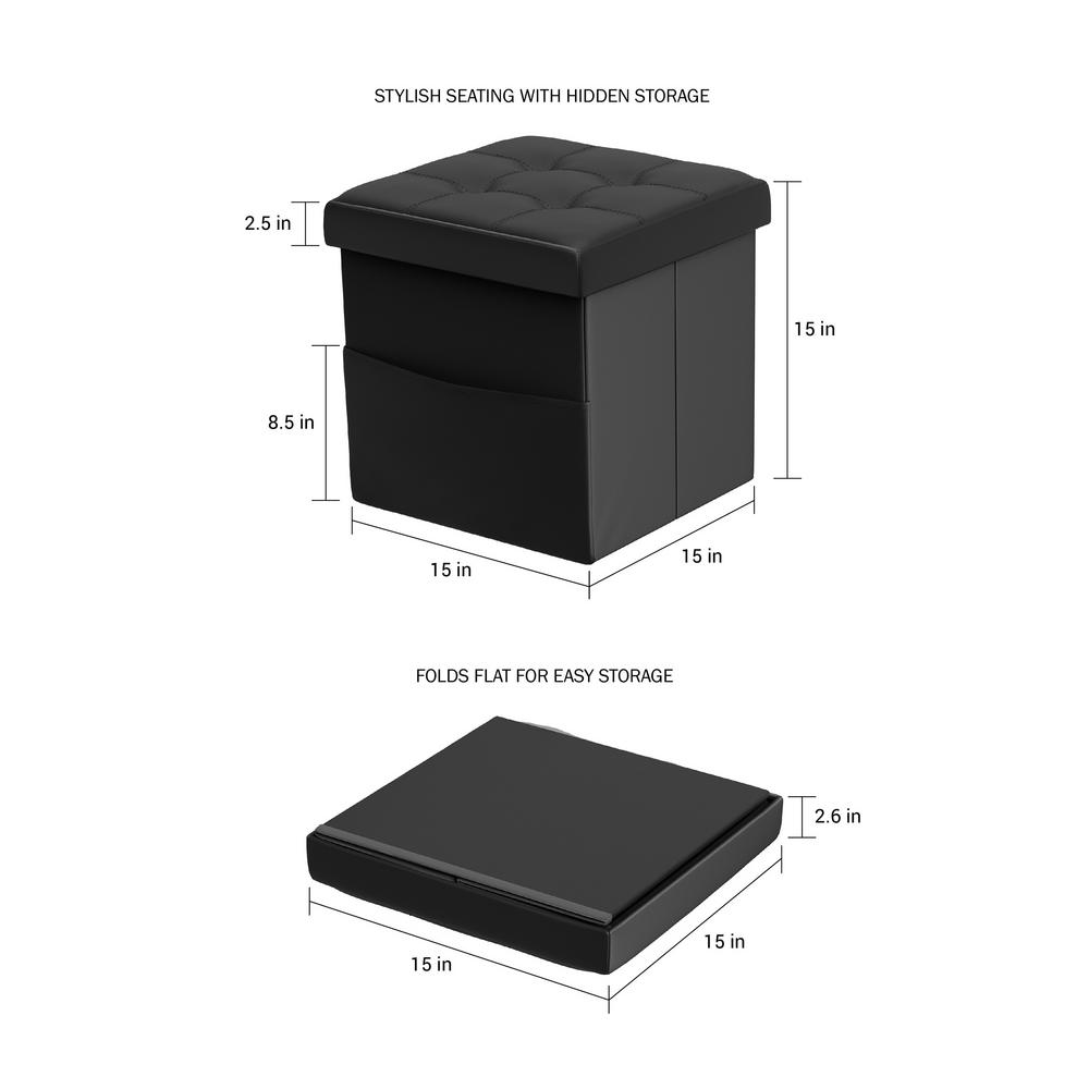 Lavish Home Black Faux Leather Foldable Storage Cube Ottoman With Pocket Hw0200163 The Home Depot
