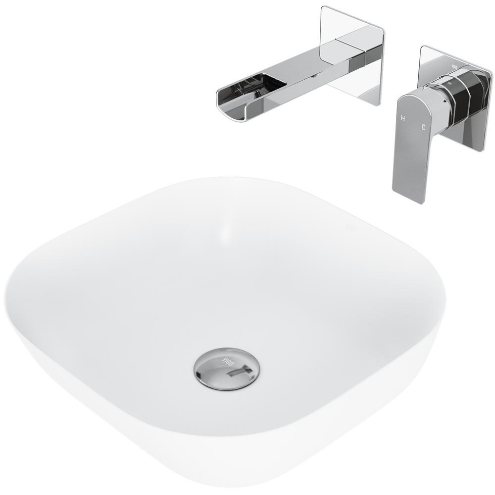 Vigo Camellia White Matte Stone Vessel Bathroom Sink Set With