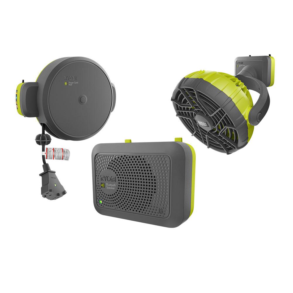 Ryobi Extension Cord Reel and Fan Accessory and Bluetooth Speaker