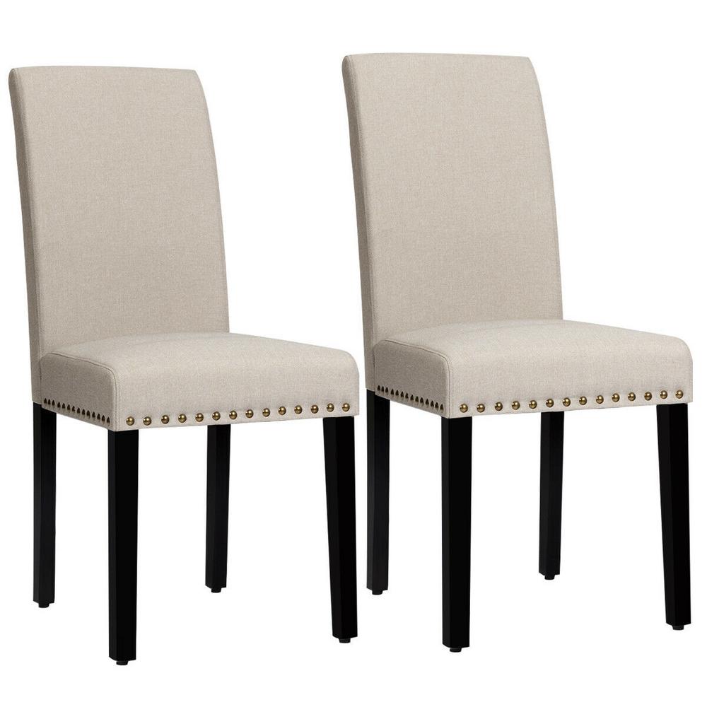 Costway Beige Fabric Dining Chairs With Nailhead Trim And Wood Legs