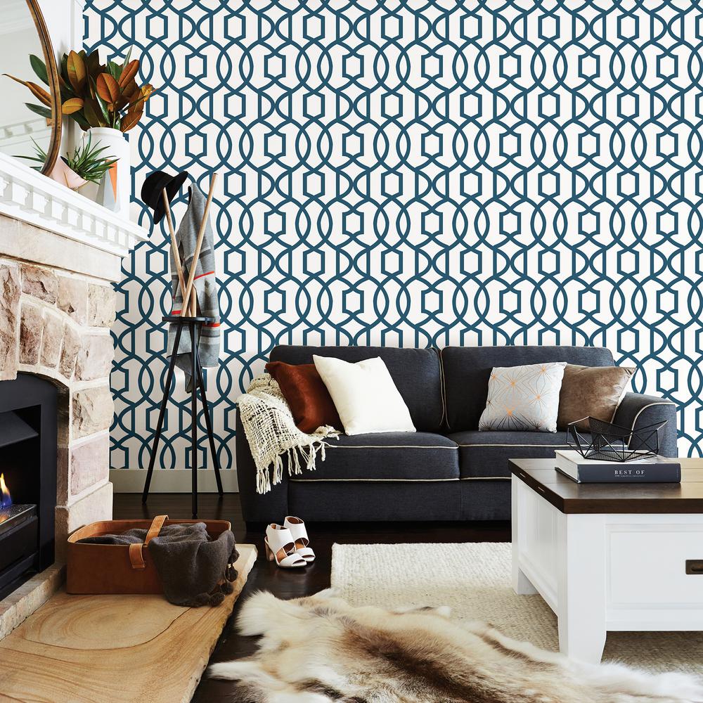 NuWallpaper Navy Grand Trellis Peel And Stick Wallpaper NU1648 The