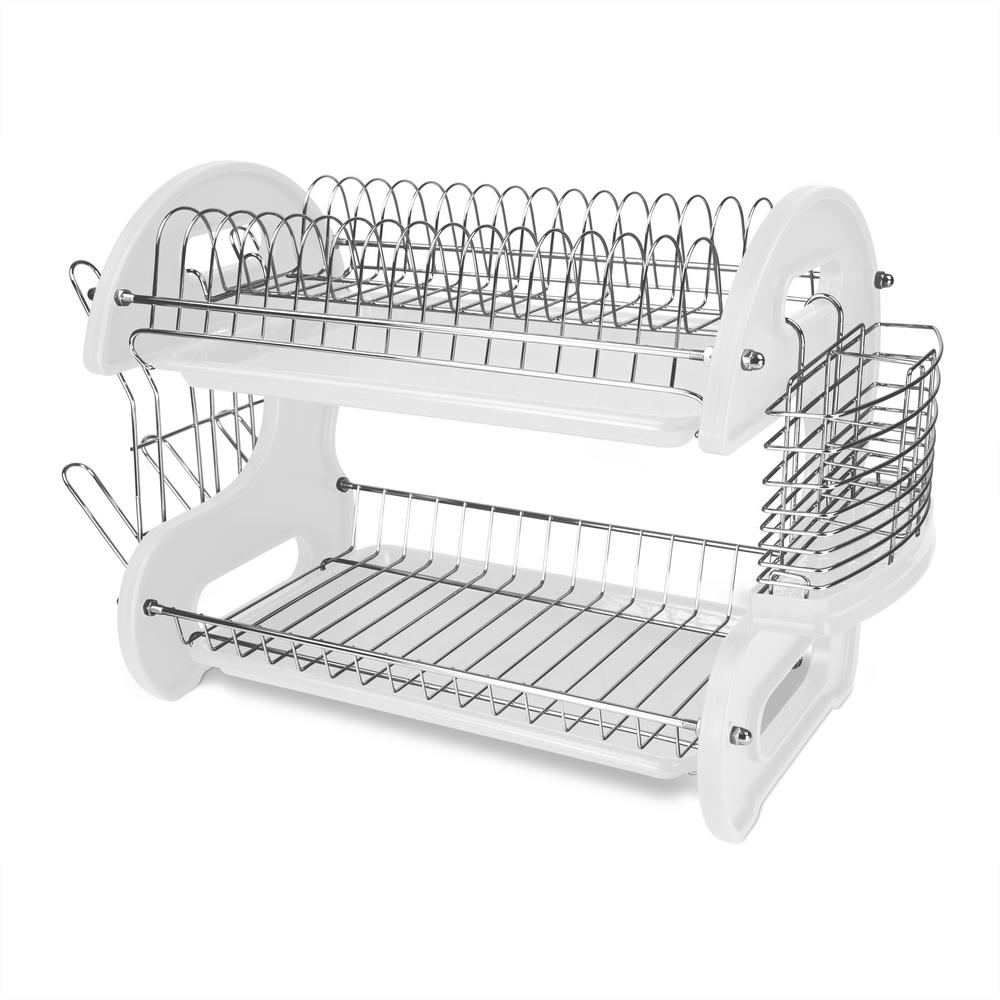 2 TIER DISH DRAINER CUTLERY HOLDER WITH DIP TRAY PLASTIC KITCHEN WASHING UP RACK