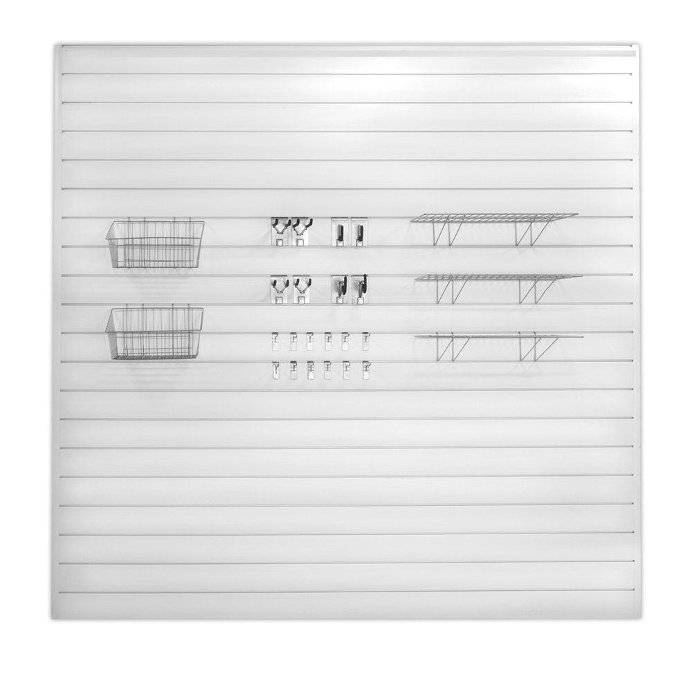 Proslat Hook Shelf And Basket Ultimate Combo Kit With Wall Panels Proslat Hook Shelf And Basket Ultimate Combo Kit With Wall Panels In White