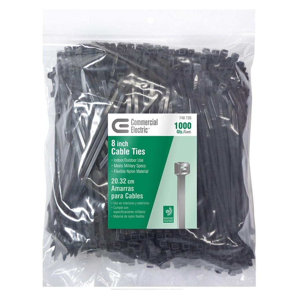 Commercial Electric 8in Standard 50lb Tensile Strength UL 21S Rated Cable Zip Ties 1000 Pack UV (Black)