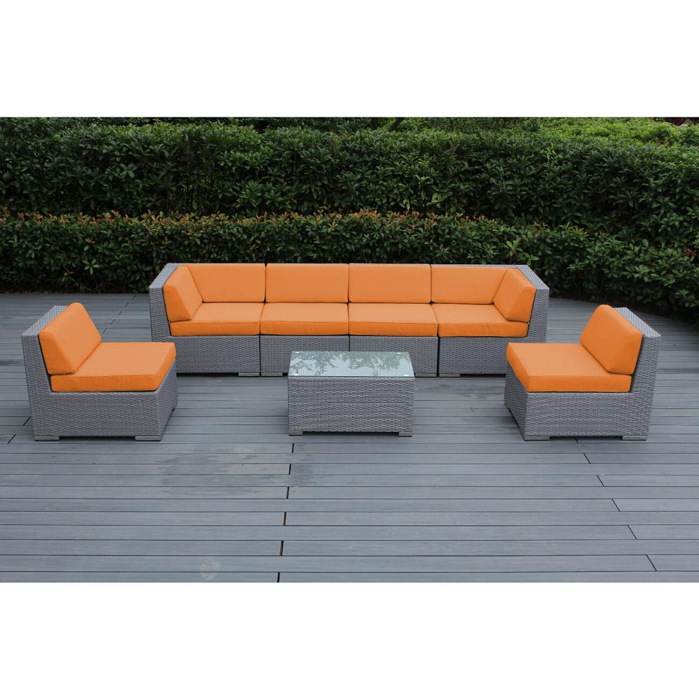 Ohana Depot Ohana Gray 7 Piece Wicker Patio Seating Set With Supercrylic Orange Cushions Pn7037gr Or The Home Depot