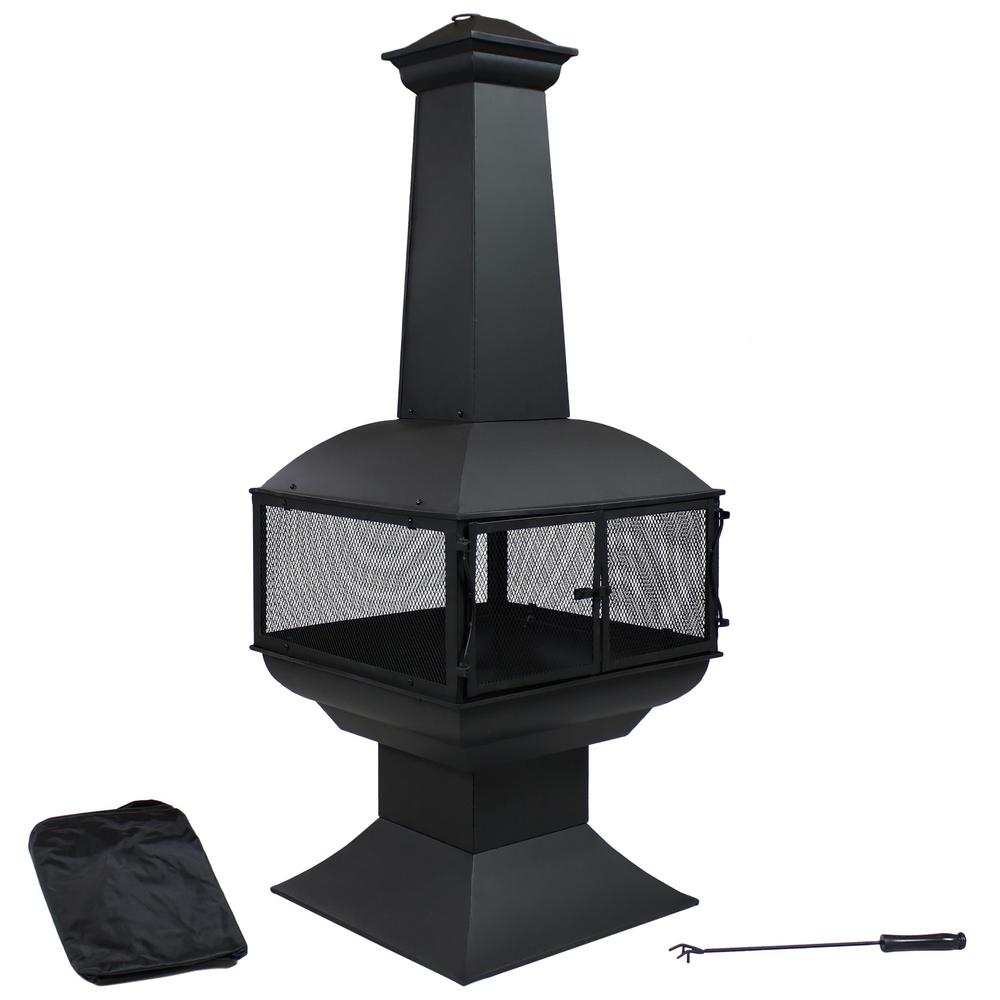 Sunnydaze Decor 57 in. Black Steel Outdoor Wood Burning Fire Pit Chiminea with Log Grate and