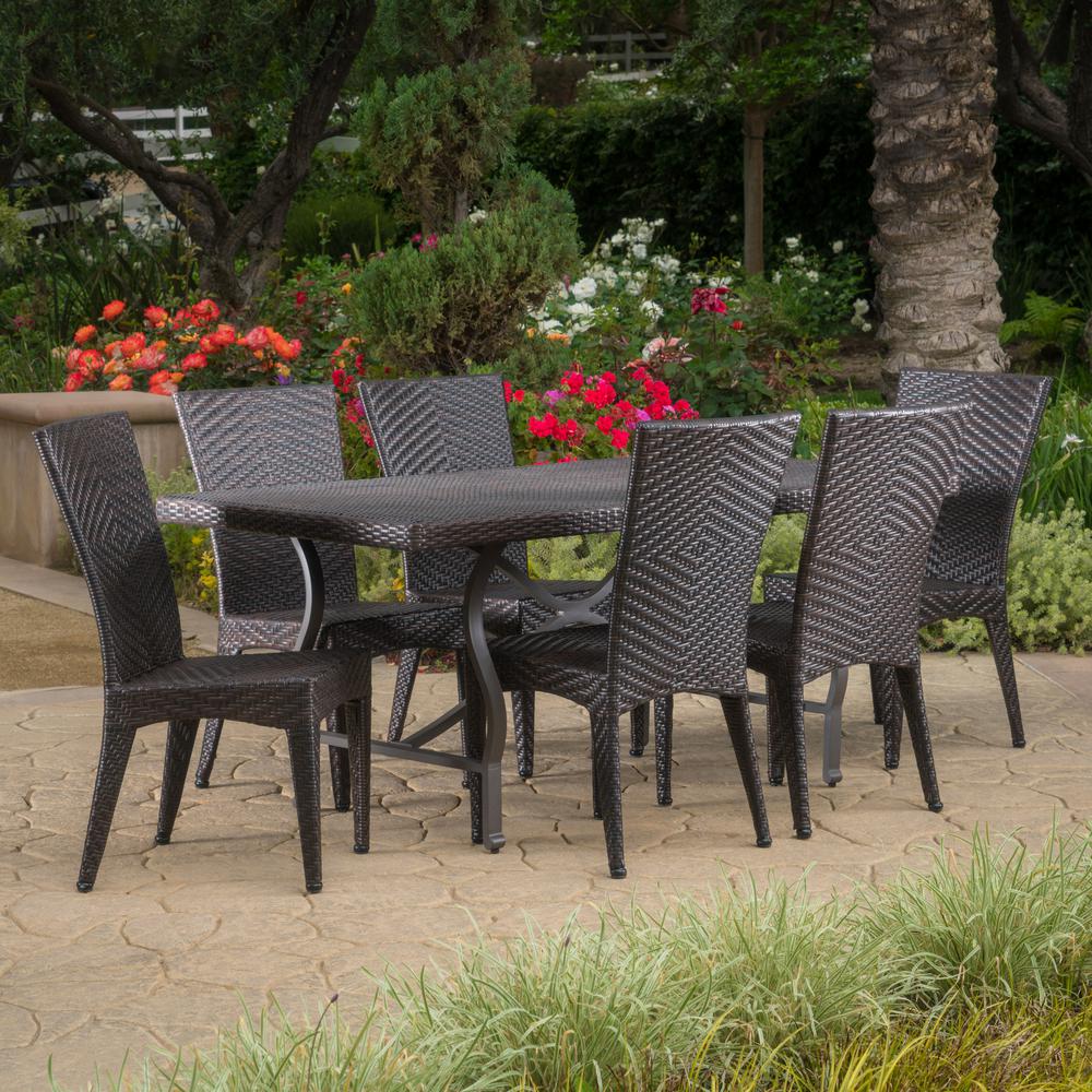 Noble House Dudley Multi-Brown 7-Piece Wicker Outdoor Dining Set-300553