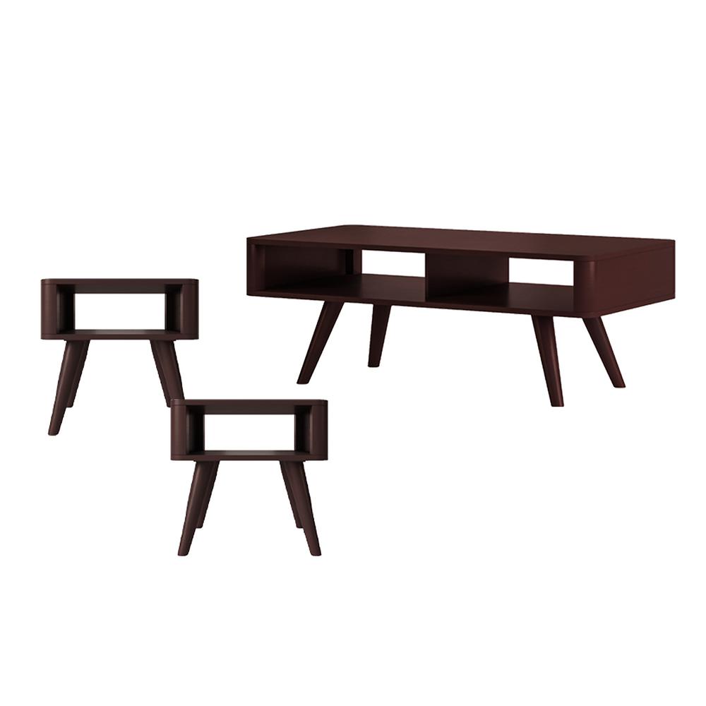 Clare In Espresso Brown 3 Piece Mid Century Modern Wood Table Set Clare In Espresso Brown 3 Piece Mid Century Modern Wood Table Set