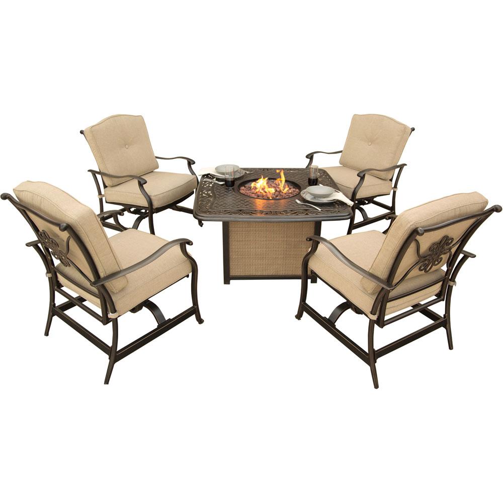 Cambridge Concord 5 Piece Aluminum Outdoor Conversation Set With Tan Concord 5 Piece Aluminum Outdoor Conversation Set With Tan Cushions And Cast Top Fire Pit Table