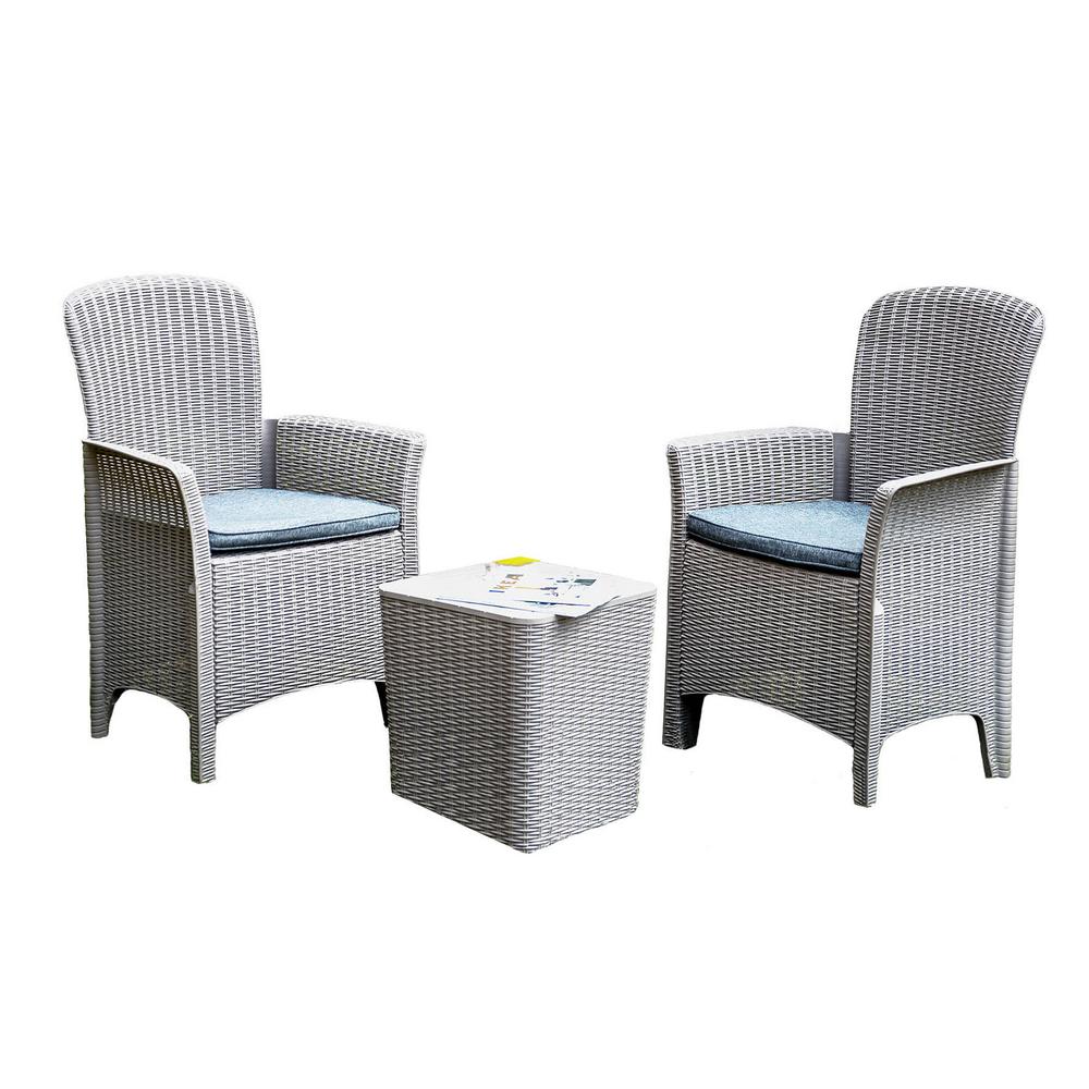 Direct Wicker Sukke Gray 3 Piece Plastic Outdoor Bistro Set With Gray Seat Cushion