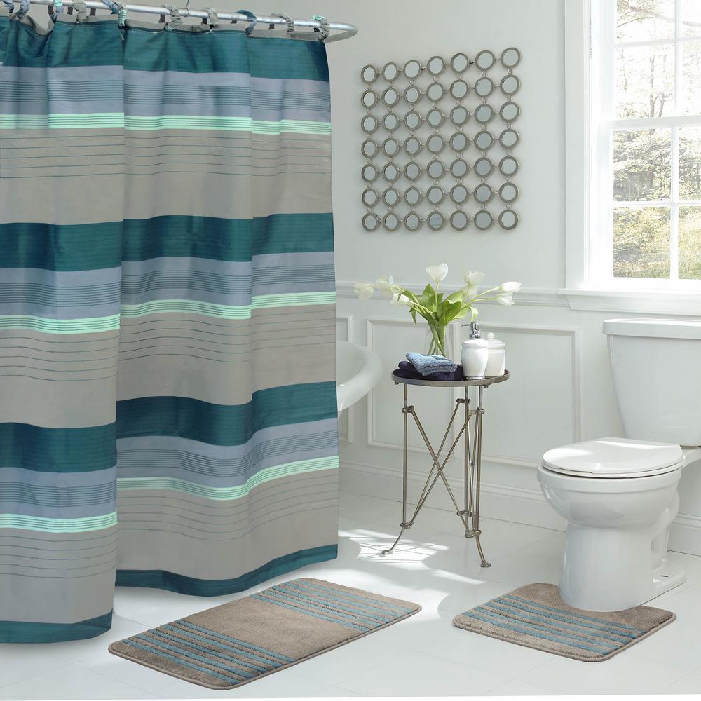 Bath Fusion Regent Stripe 30 In L X 18 In W 15 Piece Bath Rug And Shower Curtain Set In Blue And Grey Ymb006535 The Home Depot