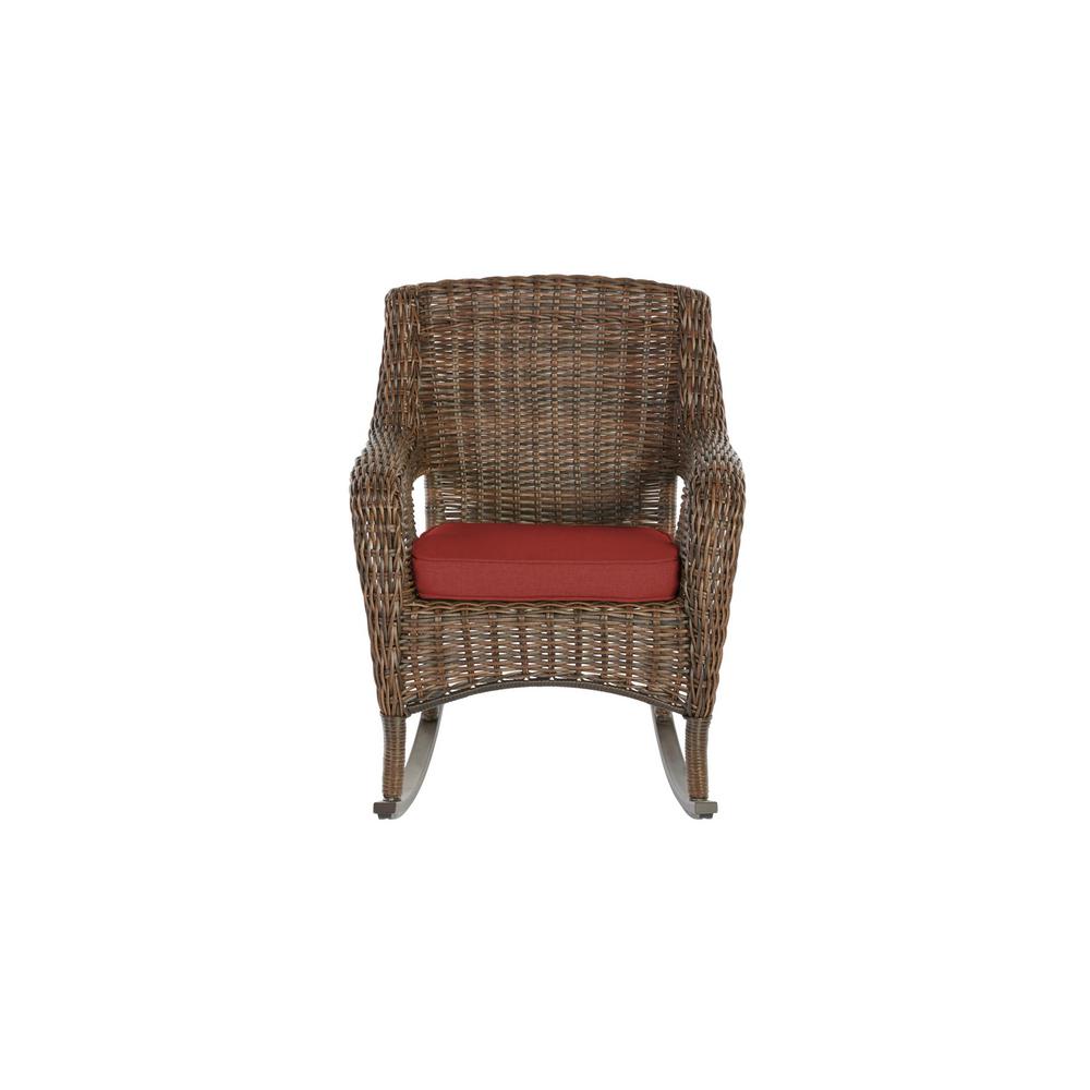 Hampton Bay Cambridge Brown Wicker Outdoor Patio Rocking Chair With Cushionguard Chili Red Cushions H047 01193800 The Home Depot