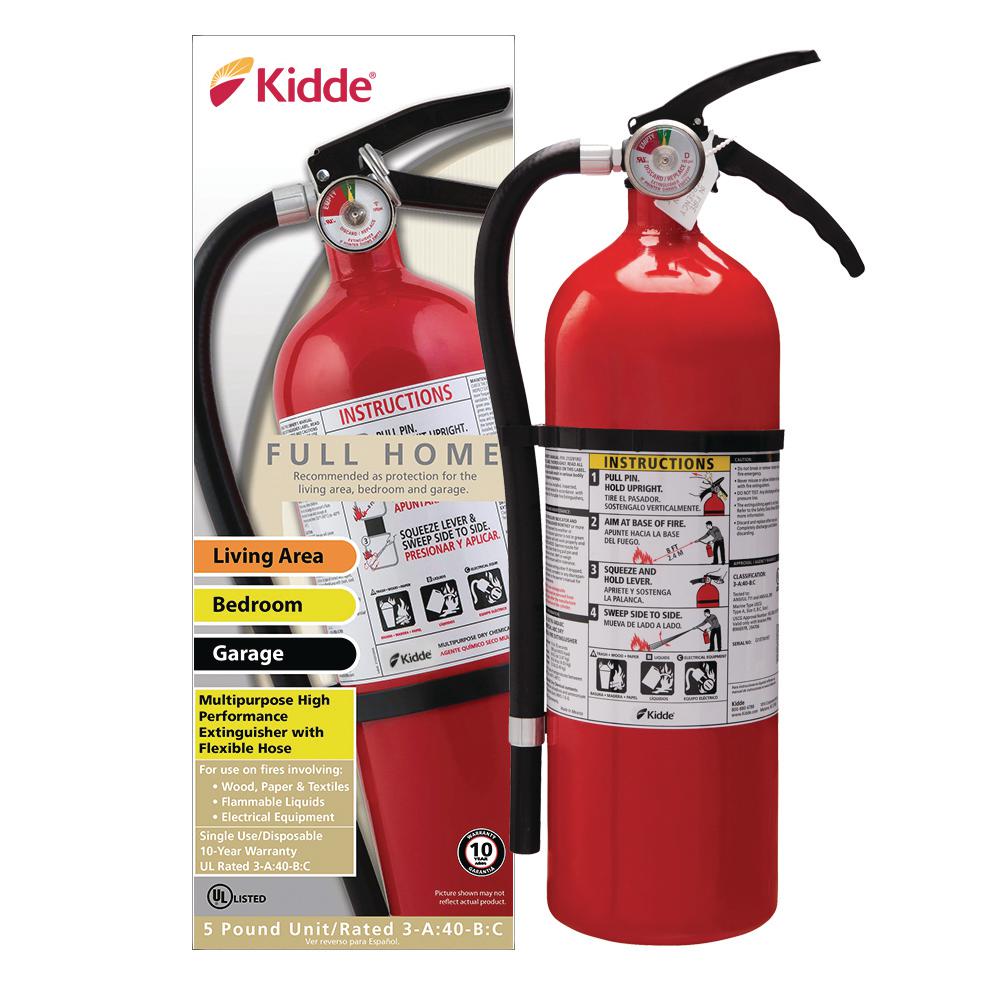 Kidde Full Home Fire Extinguisher With Hose Easy Mount Bracket Strap 3 A 40 B C Dry Chemical One Time Use The Home Depot