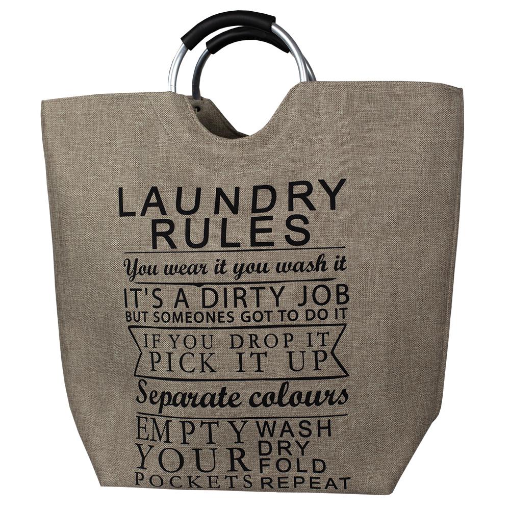 Tan Canvas Laundry Rules Hamper Tote With Soft Grip Handles