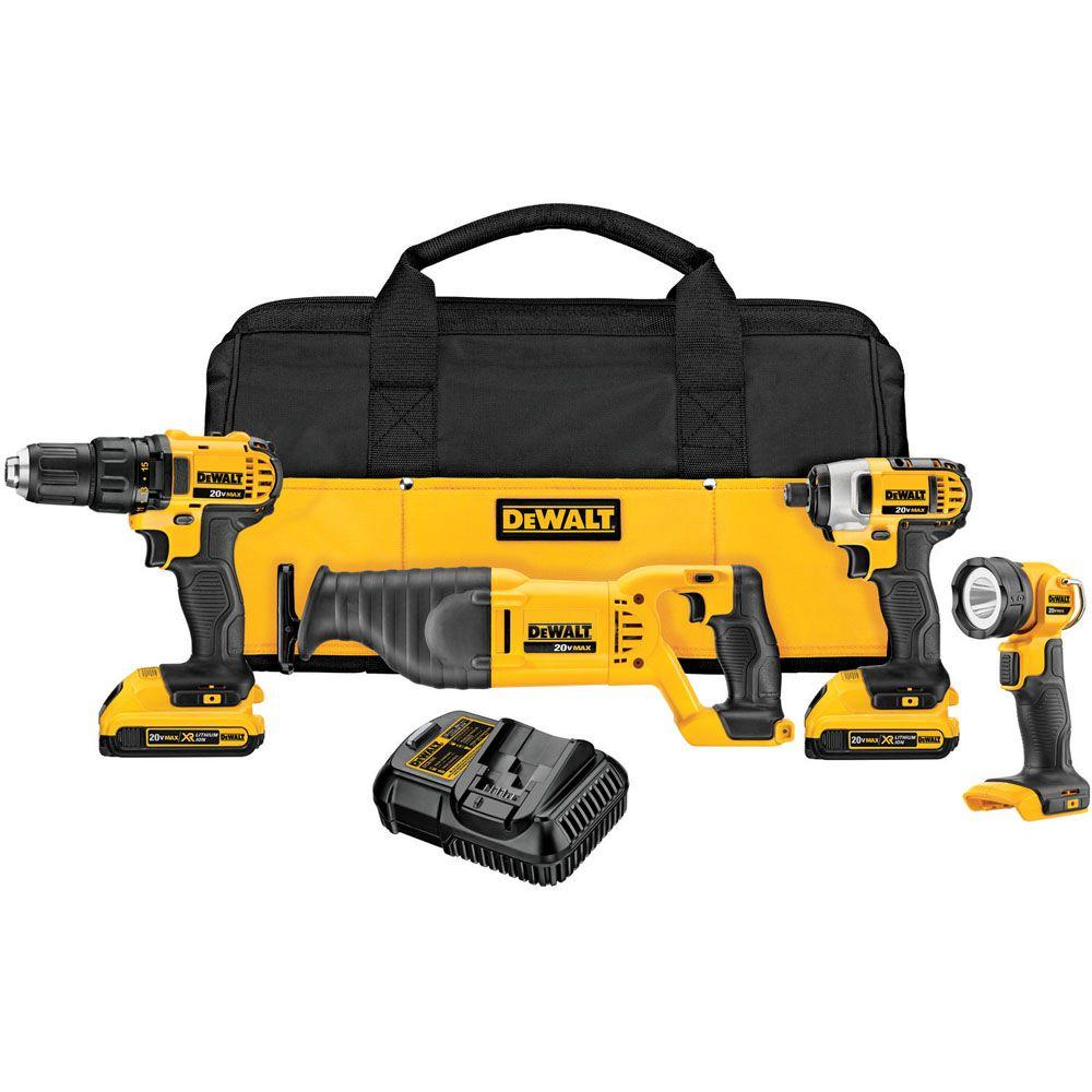 DEWALT 20-Volt MAX Lithium-Ion Cordless Combo Kit (4-Tool) with (2) Batteries 2.0Ah, Charger and Tool Bag