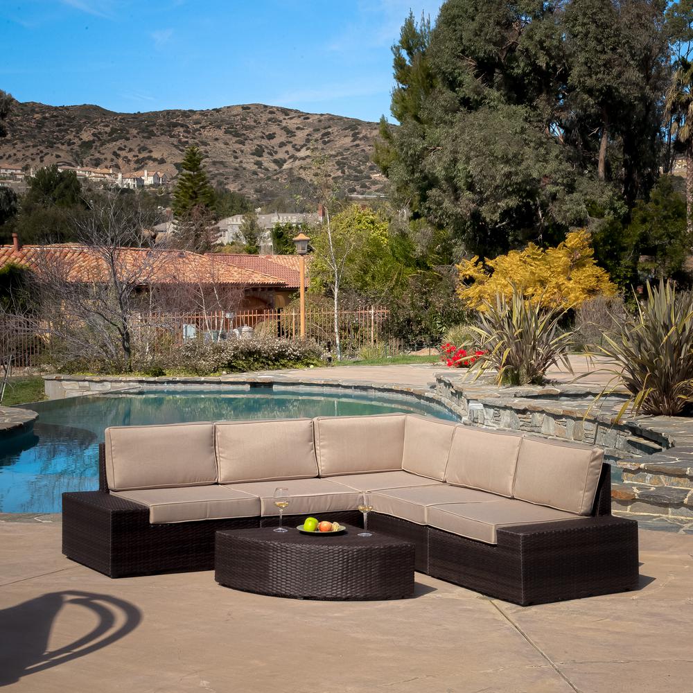 Le House Santa Cruz Dark Brown 6 Piece Wicker Outdoor Sectional Le House Santa Cruz Dark Brown 6 Piece Wicker Outdoor Sectional Set With Beige Cushions