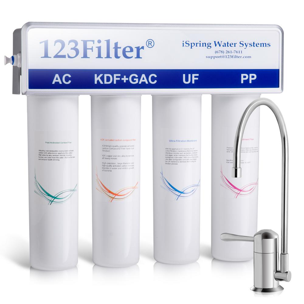 Ispring 4 Stage 0 1 Micron Ultra Filtration Under Sink Inline Water Filtration System With No Pressure Chrome Faucet Cu A4 The Home Depot