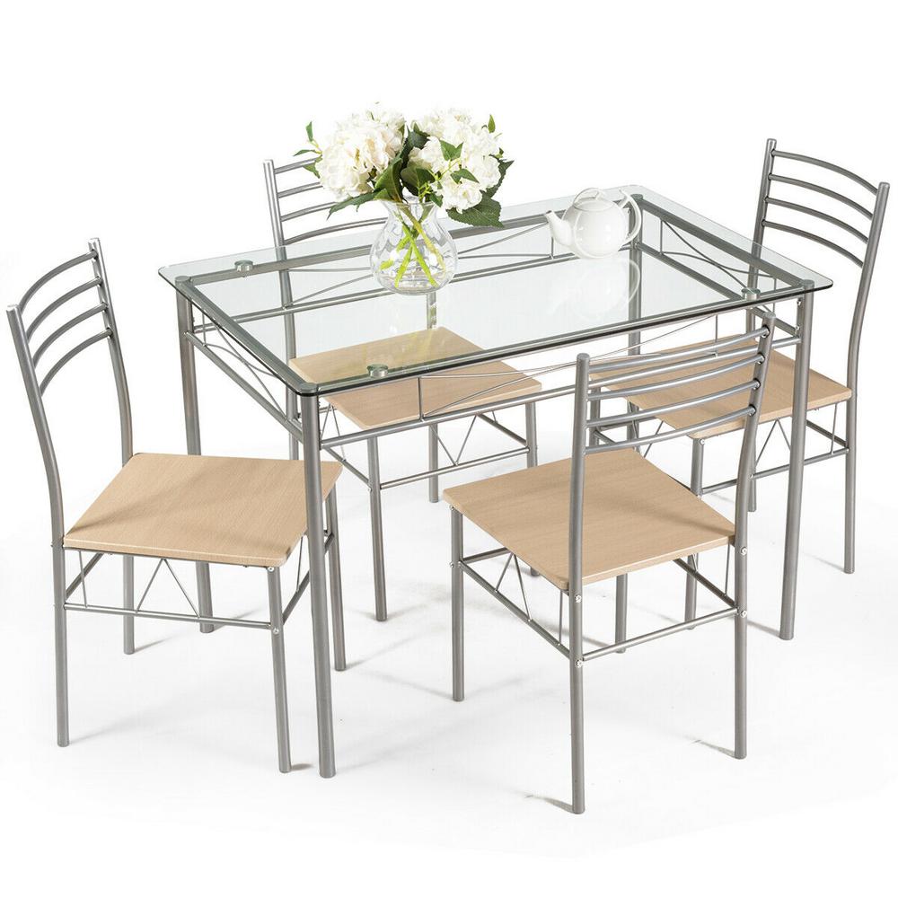 Costway Dining Set 5 Piece Silver Table And 4 Chairs Glass Top Kitchen Breakfast Furniture New Hw61394 The Home Depot