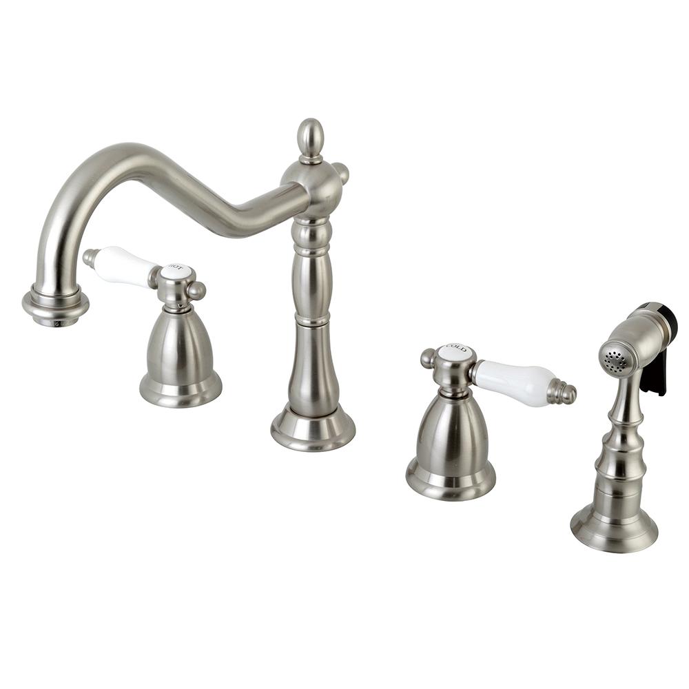 Kingston Brass Vintage Porcelain 2 Handle Standard Kitchen Faucet With Side Sprayer In Brushed Nickel