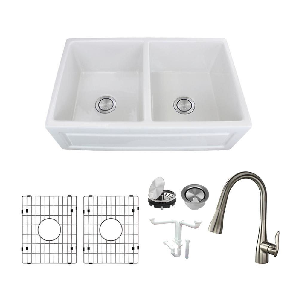 Transolid Versailles All In One Farmhouse Apron Front Fireclay 33 In Equal Double Bowl Kitchen Sink With Faucet In White