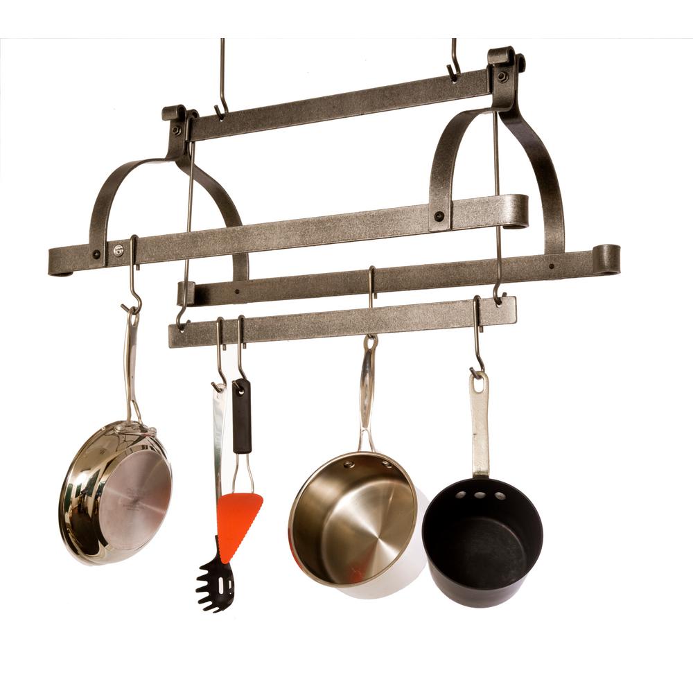 Enclume Handcrafted Three Bar Ceiling Pot Rack with 12 Hooks Hammered
