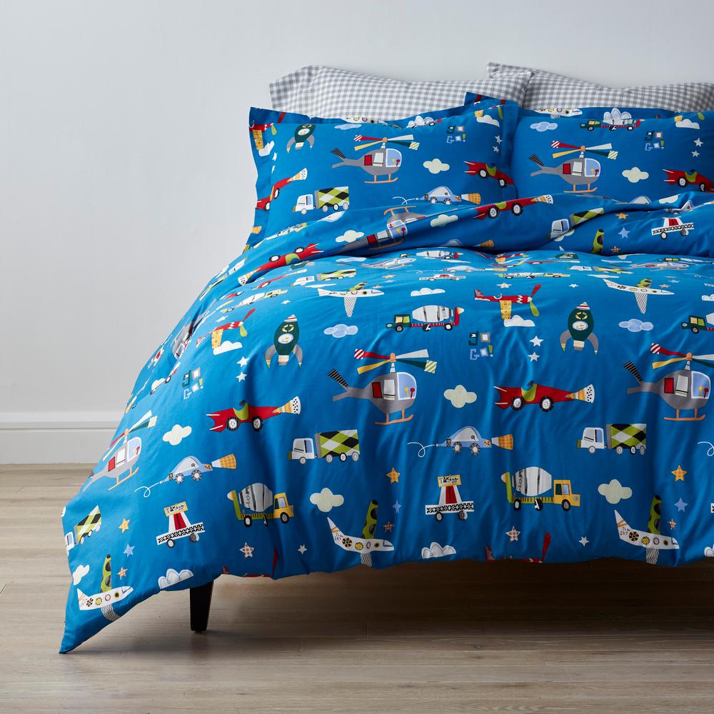 Company Kids By The Company Store Transportation Multicolored Graphic Organic Cotton Percale Twin Duvet Cover 30332d T Multi The Home Depot