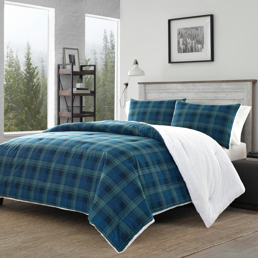 Eddie Bauer 2 Piece Monroe Plaid Blue Flannel Sherpa Twin