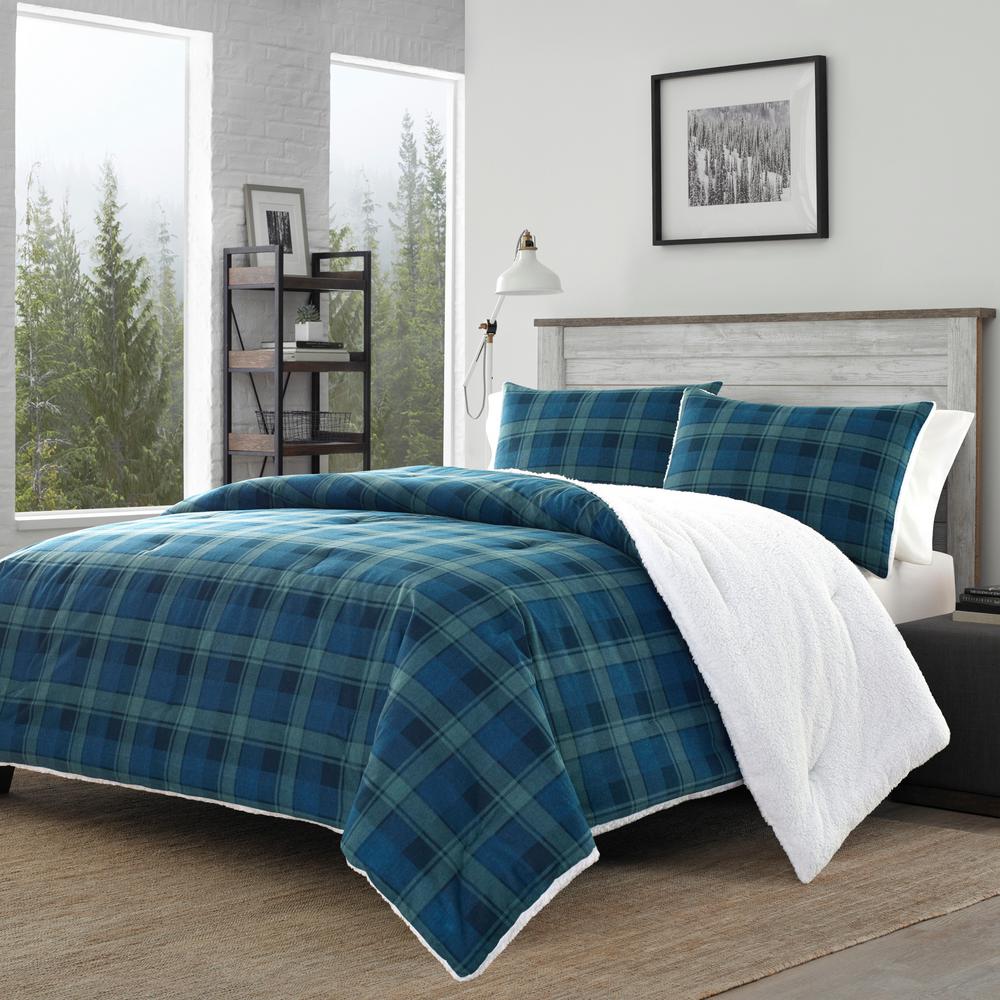 Eddie Bauer 3 Piece Monroe Plaid Flannel Sherpa King Comforter Set