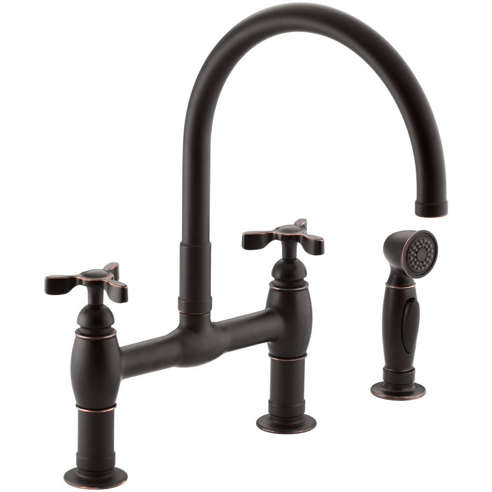 KOHLER Parq 2 Handle Bridge Kitchen Faucet With Side Sprayer In Oil   Oil Rubbed Bronze Kohler Bridge Faucets K 6131 3 2bz 64 1000 