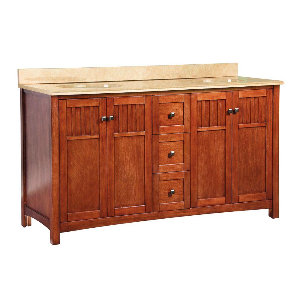 Home Decorators Collection Knoxville 61 in. W x 22 in. D Vanity in Nutmeg with Vanity Top and Stone Effects in Oasis was $1399.0 now $979.3 (30.0% off)