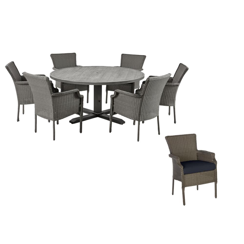 Hampton Bay Grayson 7 Piece Ash Gray Wicker Outdoor Patio Dining Set With Standard Midnight Navy Blue Cushions D19002 Newset The Home Depot - Patio Furniture Table And Chairs Home Depot