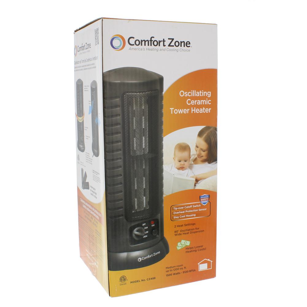 Comfort Zone 1 500 Watt Oscillating Ceramic Tower Heater With