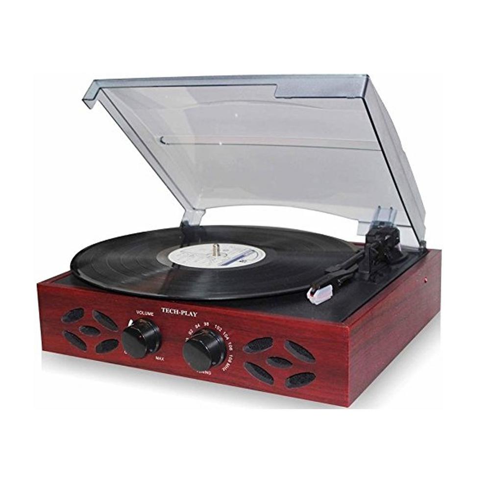 TechPlay 3Speed Wooden Retro Classic Turntable with FM Radio, Headphone Jack and Built in